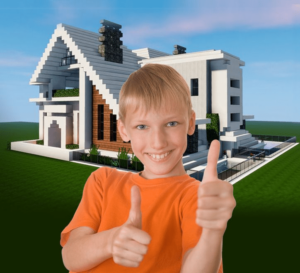 an image of a child behind a minecraft house
